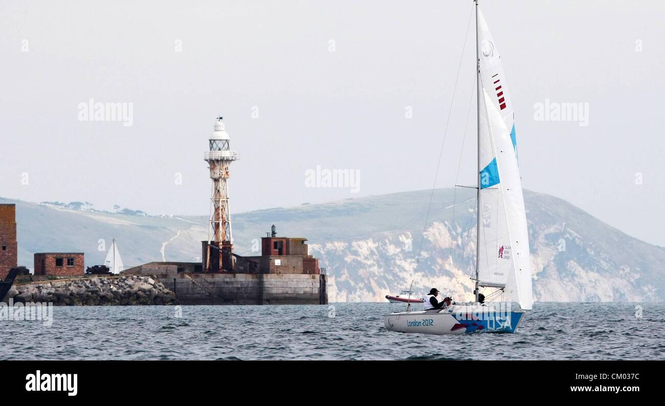 04.09.2012 Weymouth, Dorset, England. Paralympischen Spiele 2012 Weymouth England Segeln Paralympischen Sommerspielen in London 2012 Portland Hafen Bild zeigt Paul Callahan Tom Brown und Bradley-Johnson USA Stockfoto