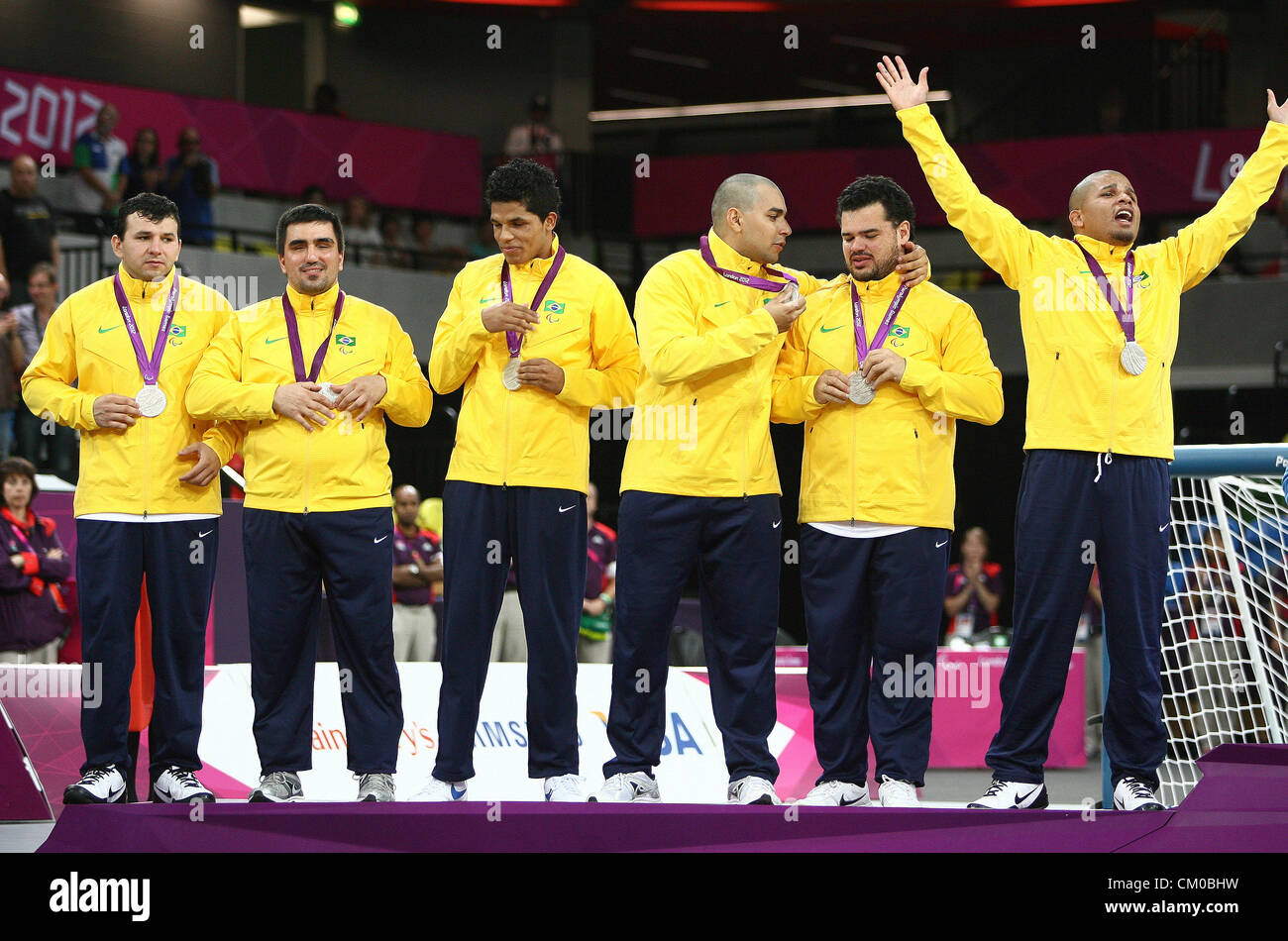 07.09.2012. London, England. Brasilien gewinnt die Silbermedaille in der Herren Goalball während Tag 9 der Paralympics London aus der Kupfer-Box Stockfoto