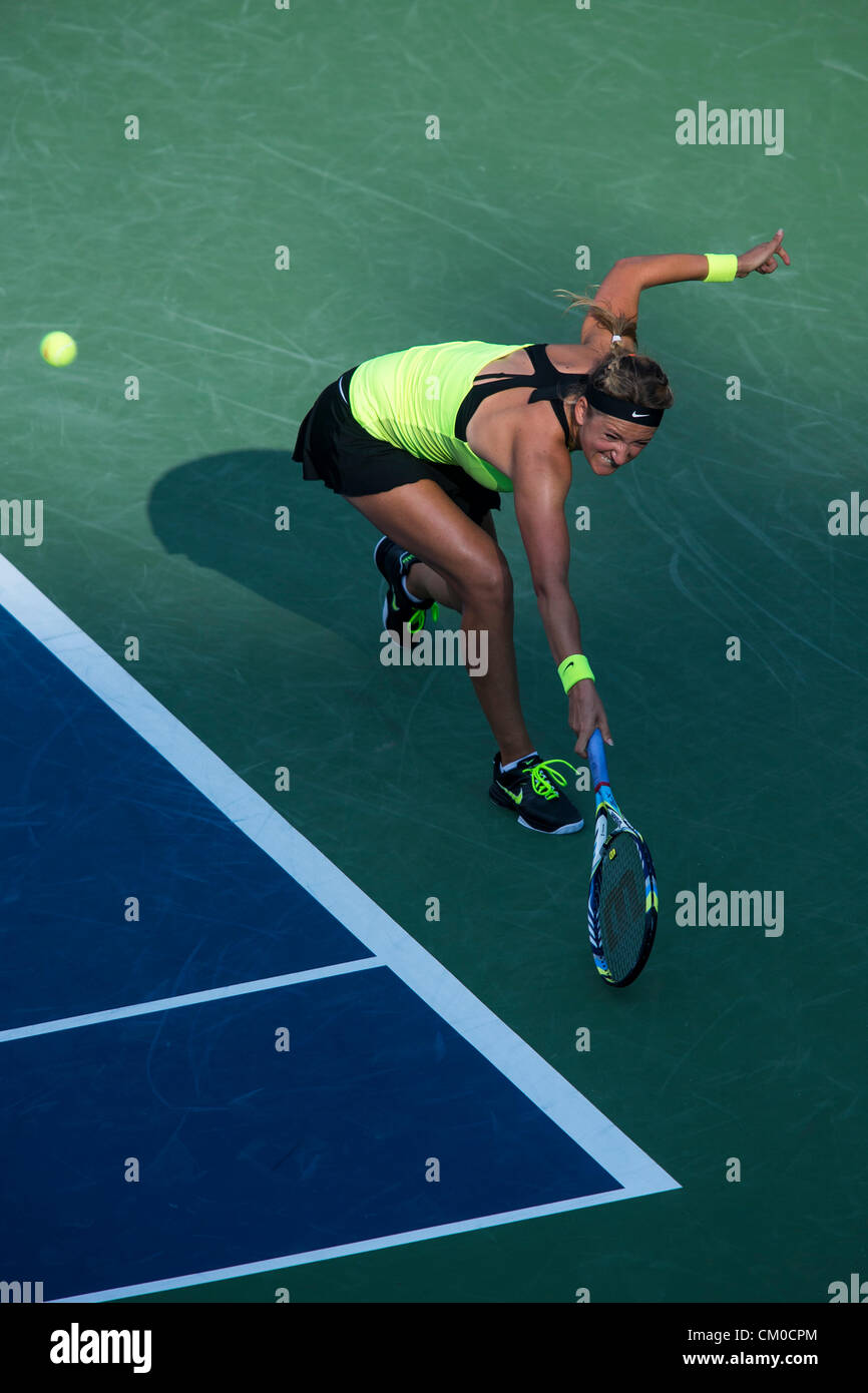 New York, USA. 7. September 2012. Victoria Azarenka (BLR) im Wettbewerb mit der Frauen Halbfinale beim 2012 uns Open Tennisturnier, Flushing, New York. USA. 9. September Stockfoto