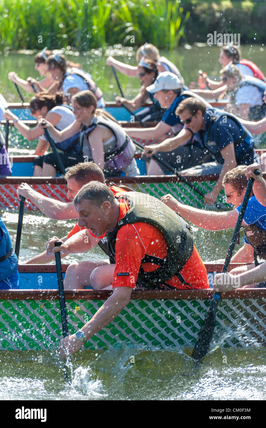 CAmbridge, UK. 8. September 2012. Konkurrenten genießen das Spätsommer-Wetter Cambridge Dragon Boat Festival, auf dem Fluss Cam Fen Ditton Cambridge UK, 8. September 2012.  Rund 50 Teams aus lokalen Organisationen nahmen Teil an den Rennen der 30 Fuß langen chinesischen Drachenbooten um Geld für die East Anglian Kinder Hospize paddeln. Bildnachweis: Julian Eales / Alamy Live News Stockfoto