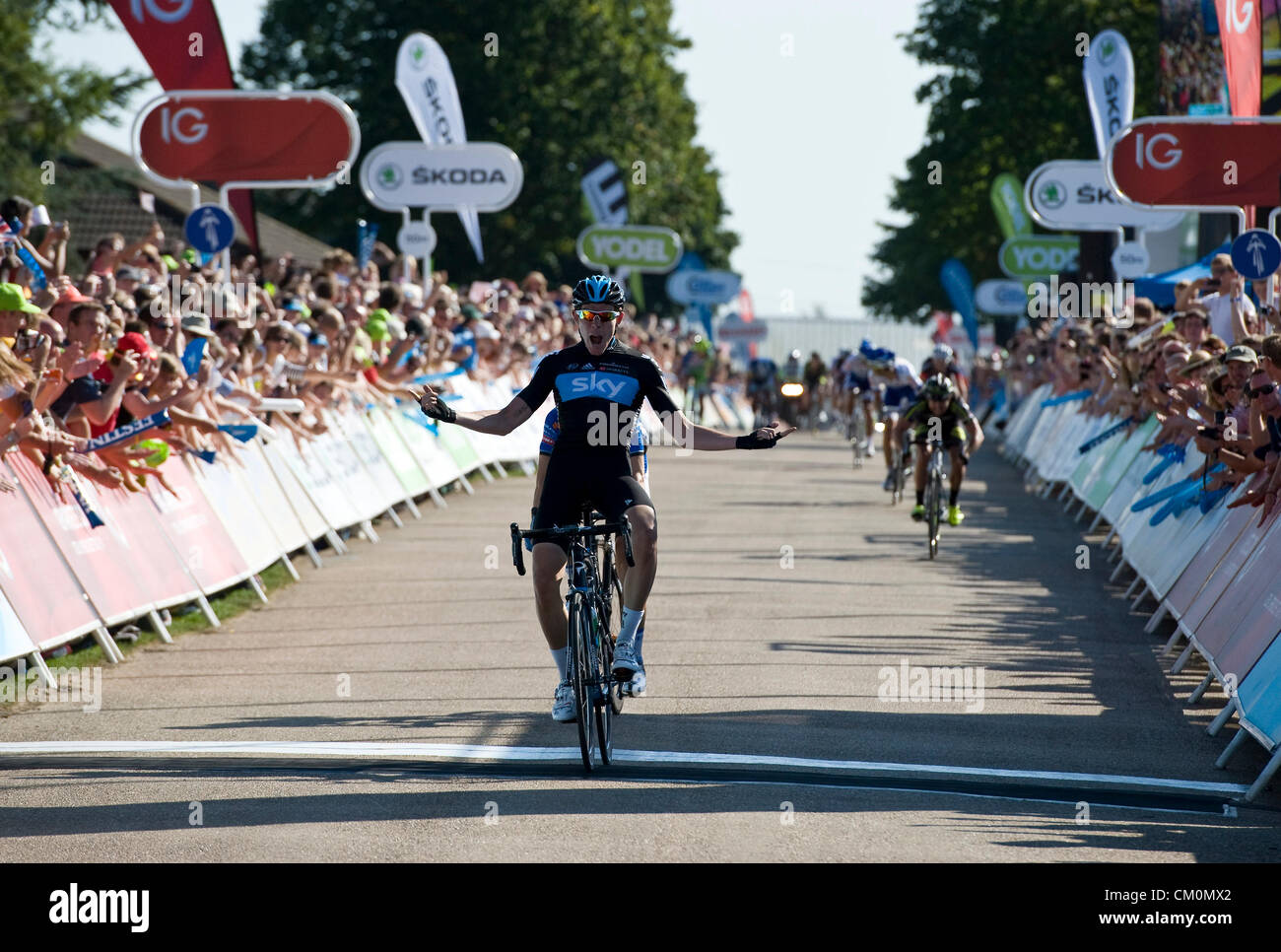 09.09.2012 Norwich, England. Luke Roe vom Team Sky gewinnt eine Etappe der Tour of Britain von Ipswich, der Norfolk Showground. Stockfoto