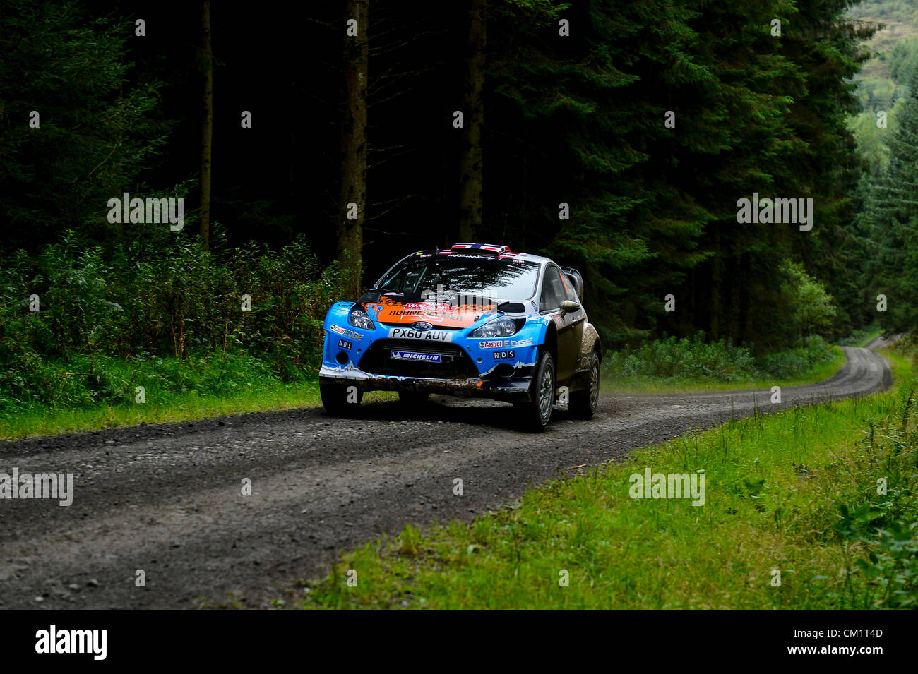 15.09.2012 Powys, Wales. Mads Östberg (NOR) und Co-Pilot Jonas Andersson (SWE) in die #10 Adapta World Rally Team Ford Fiesta RS WRC in Aktion auf dem zweiten Durchlauf der Crychan Phase (SS10) Tag 2 der Wales-Rallye Großbritannien, Runde 10 der Rallye-WM FIA. Stockfoto