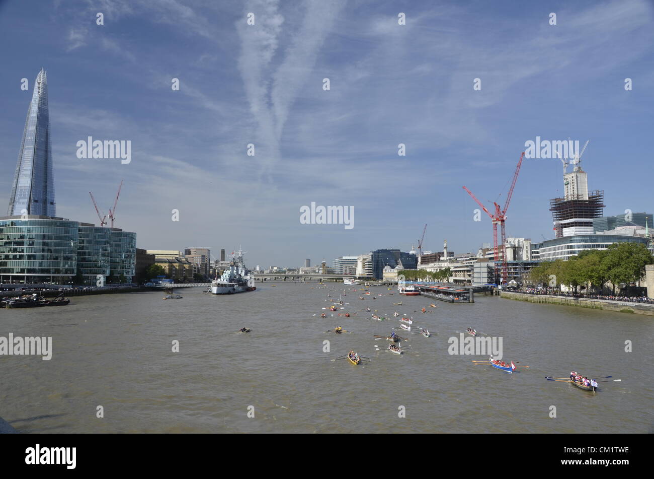 London, UK. Samstag, 15. September 2012. Die Great River Race ist eine jährliche Ruderregatta auf der Londoner Themse, manchmal bekannt als London River Marathon, über 300 Crews aus der ganzen Welt werden Particpate in der Zeile 21 Meile. Stockfoto