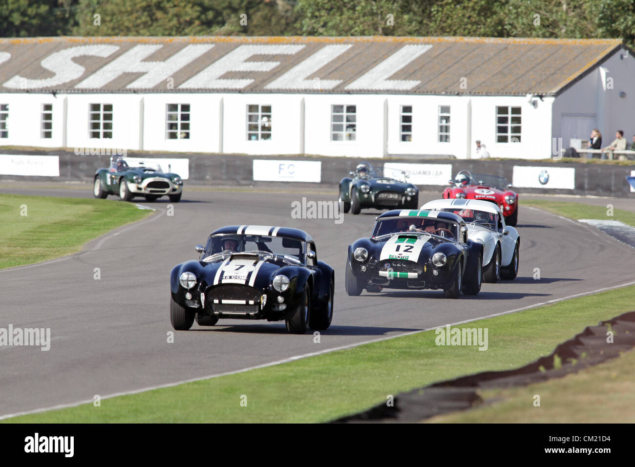 Goodwood Estate, Chichester, UK. 15. September 2012. Ein 1963 folgte ein weiterer AC Cobra während der Shelby-Cup, eine 45-minütige zwei Fahrer Cup für AC, Shelby und Willment Kobras beim Goodwood Revival AC Cobra. Die Wiederbelebung ist eine "magische Schritt zurück in die Zeit", präsentiert eine Mischung aus Autos und Luftfahrt aus den 40's, 50er und 60er Jahre und ist eines der beliebtesten historischen Motorsport-Ereignisse in der Welt. Besuchen Sie für weitere Informationen www.goodwood.co.uk/revival. Stockfoto