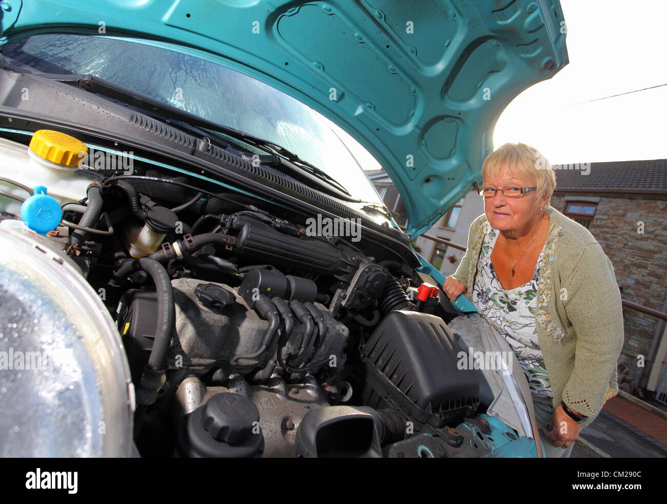 Montag, 17. September 2012 im Bild: Elaine Talbot mit ihren Daewoo Matiz-Auto, das das Kätzchen in Bridgend, Südwales gerettet wurde.  Re: Eine 10 Wochen alte Kätzchen hatte Glück gehabt, nachdem er drei Tage lang in einem Automotor gefangen.  Das Tier namens Shell, sogar eine 14-Meile Reise im Auto, im Besitz von ein paar aus Brynmenyn in der Nähe von Bridgend überlebt aber wurde von einem Auto Mechaniker Nachbarn gerettet.  Autobesitzer, die Elaine Talbot, sagte: "tagelang hörten wir eine Katze miaut aber wir wussten nicht, wo es aus war, und dann sagte einer meiner Nachbarn, es kommt von meinem Auto."  "Es war der Tag musste ich Reisen Stockfoto