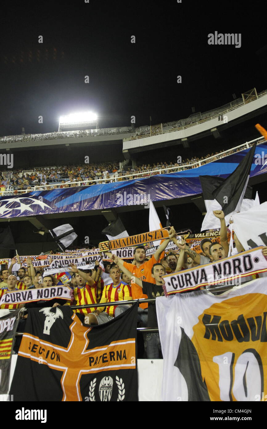 10.02.2012 - Estadio Mestalla, Valencia - Champions League Spieltag 2 - VAlencia CF vs Lille / / Valencia CF-Fans Stockfoto