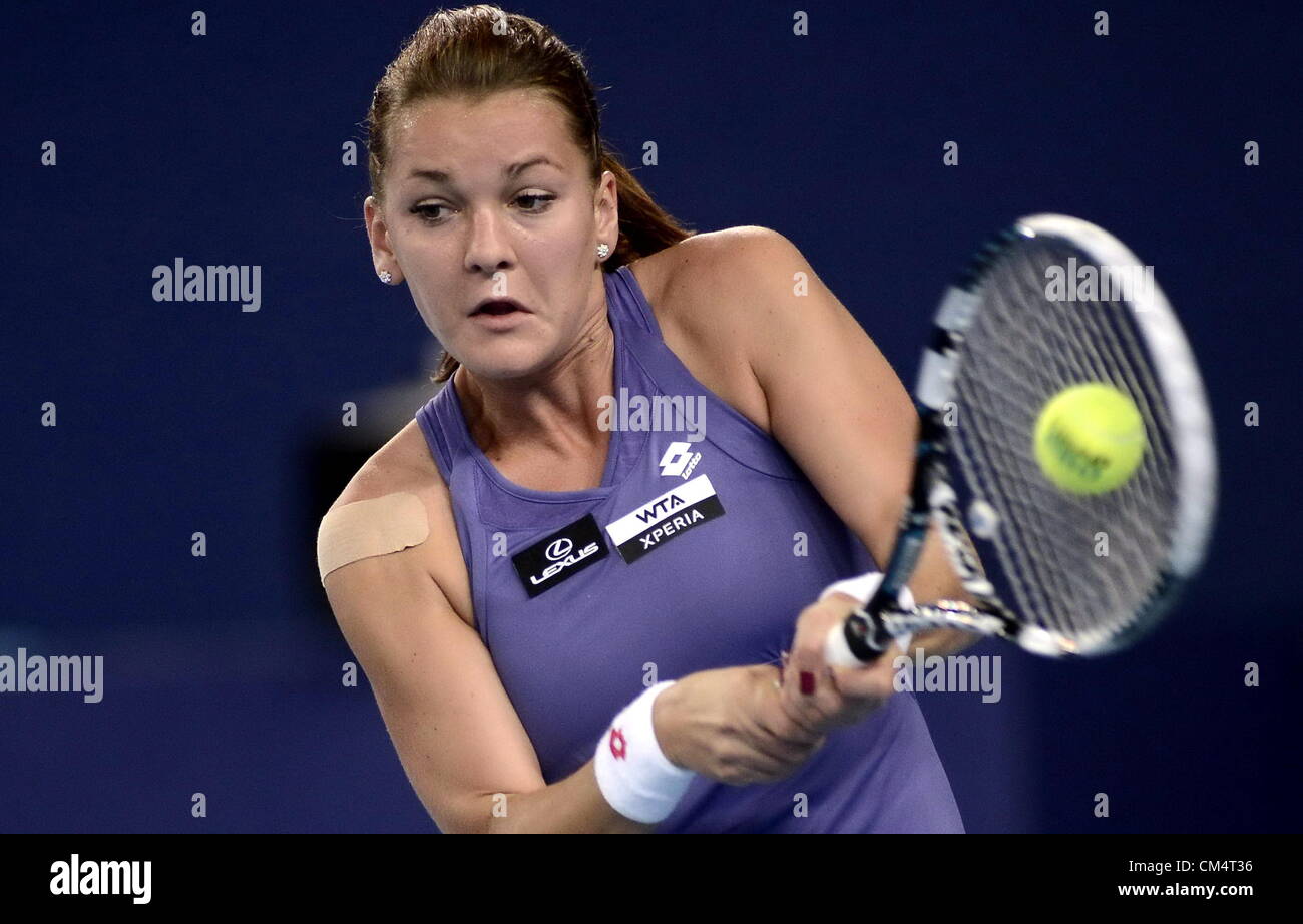 Peking, China. 4. Oktober 2012. Agnieszka Radwanska Polens Niederlagen Lourdes Dominguez Lino von Spanien 2:1 bei den China Open im China National Tennis Center. Stockfoto