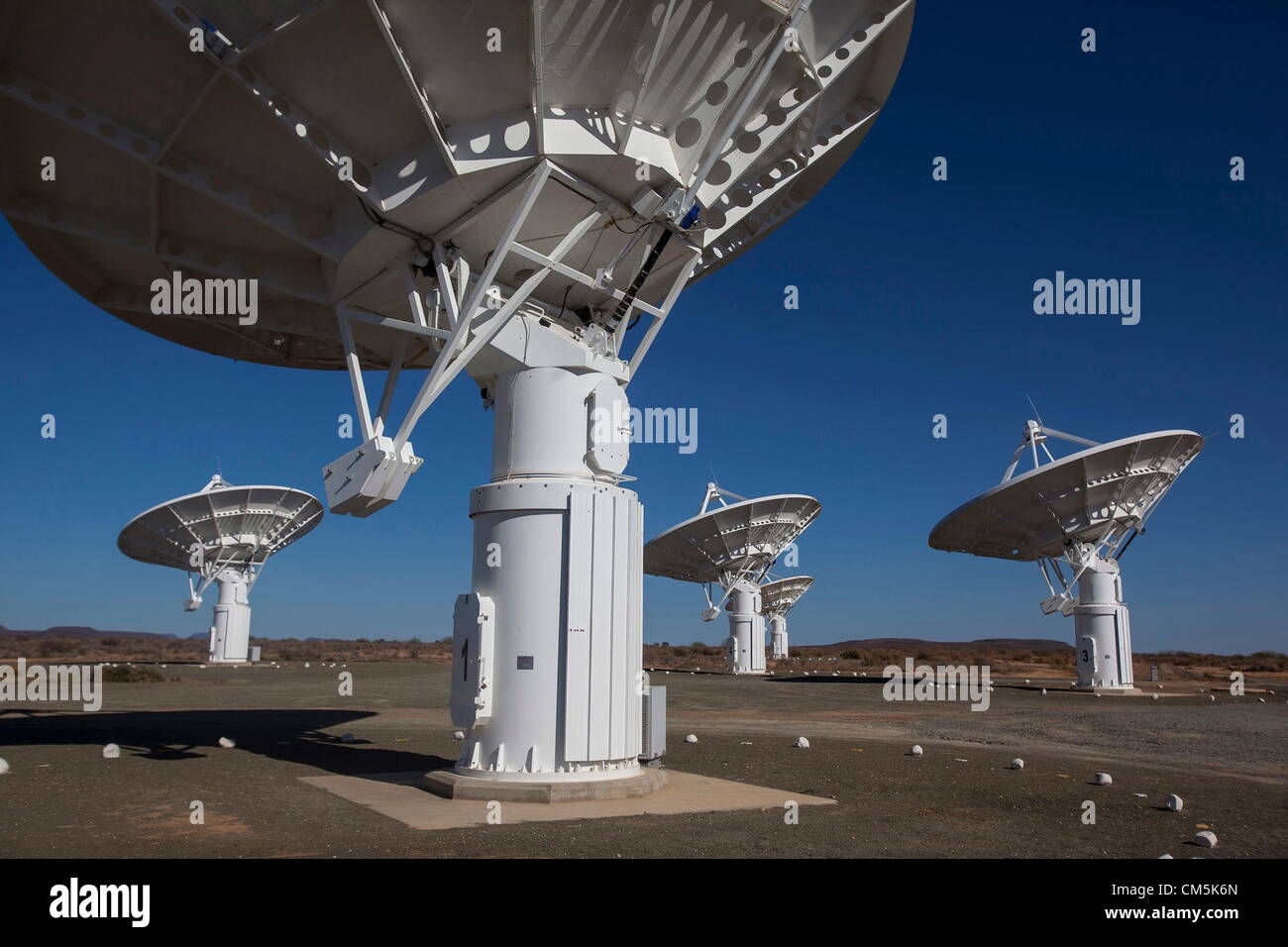 CARNARVON, Südafrika: fünf der sieben Satellitenschüsseln, aus denen sich  die KAT-Radioteleskop am 9. Oktober 2012 in Carnarvon, Südafrika. Das  Square Kilometre Array-Teleskop wird hier gebaut und es wird das größte  Teleskop der