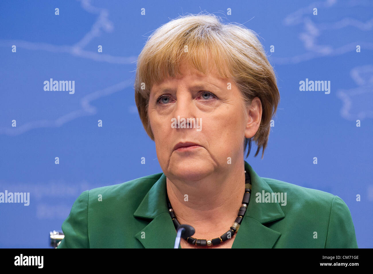 Angela Merkel stellte nach der Tagung des Europäischen Rates in Brüssel. Stockfoto