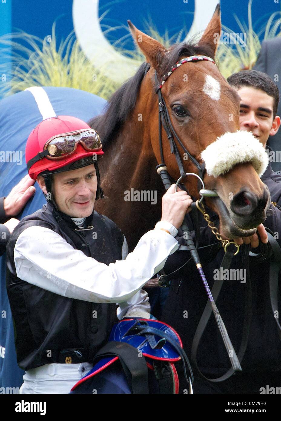 Ascot, Großbritannien. 20. Oktober 2012. Jockey Pat Smullen in der Gewinner-Gehäuse in Ascot mit Dermot Weld trainiert Saphir, nach dem Gewinn der Qipco britische Champions Stuten und Stuten Einsätze Stockfoto