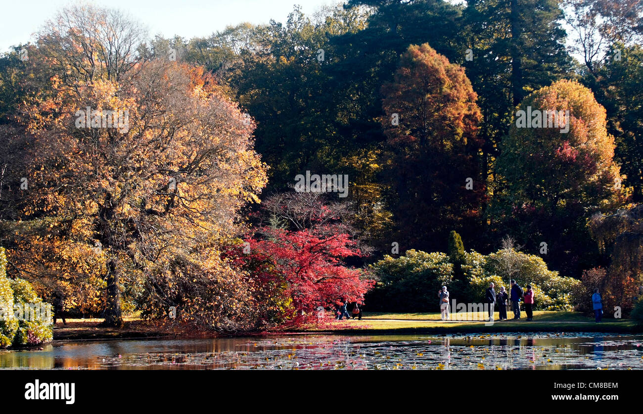 SHEFFIELD PARK GARDEN, Sussex UK Herbst Farbtöne von rot und Gold im späten Oktober Sonnenschein.  Entworfen von Capability Brown im späten 18. Jahrhundert, ist das Anwesen von dem National Trust verwaltet. Stockfoto