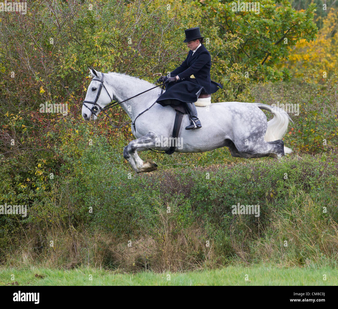 Seite Sattel Fahrer trat das Feld in Rekordzahlen für die Öffnung treffen sich die Quorn Hunt, im Zwinger, Kirby Bellars, England, 26. Oktober 2012 statt. Stockfoto