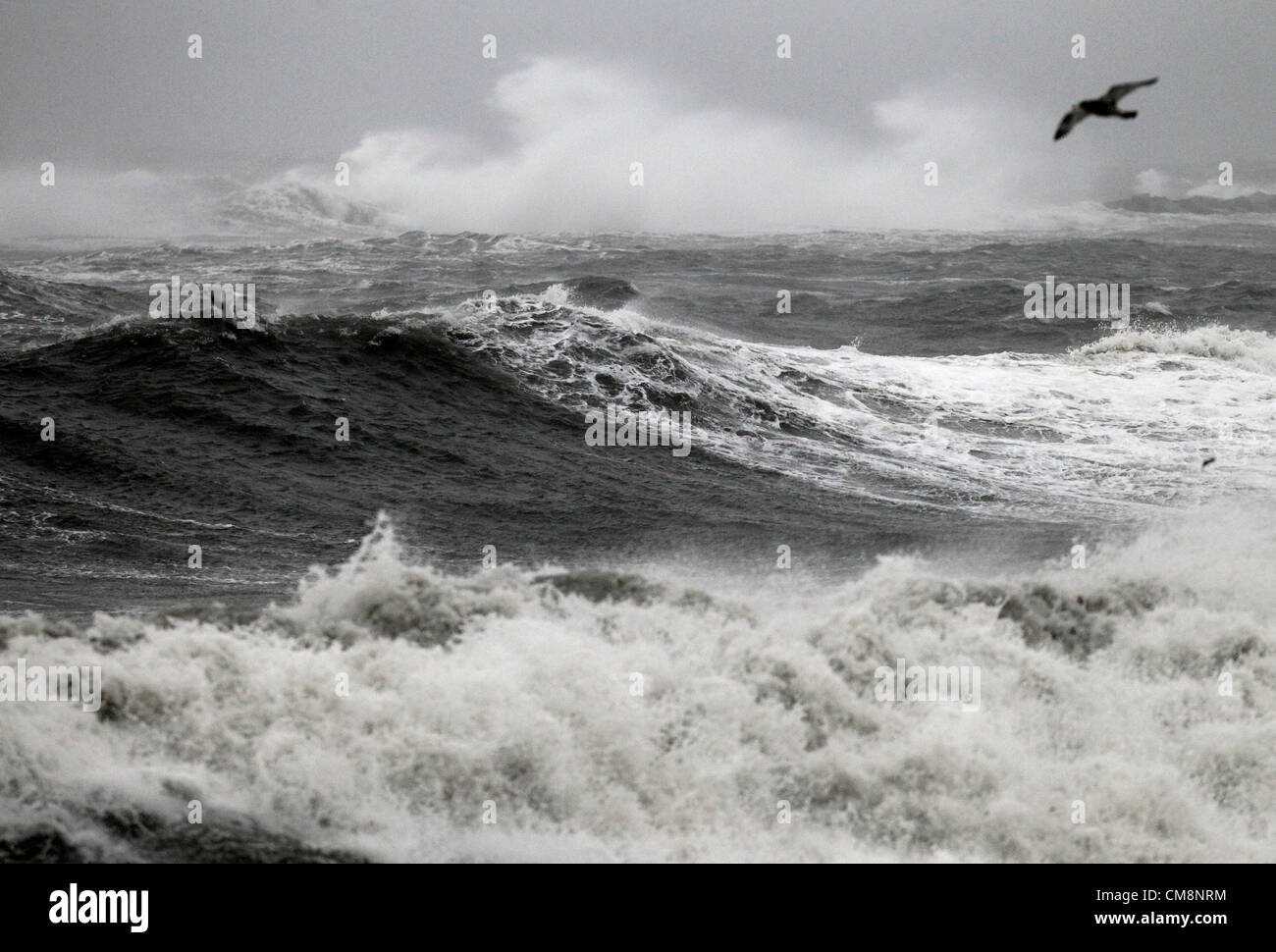 Winthrop, Massachusetts, USA. Angetrieben durch starke Winde vom Hurrikan Sandy Wellen kommen an Land in Winthrop, Massachusetts, Montag, 29. Oktober 2012. Das große Wettersystem wird voraussichtlich Landfall in südlichem New Jersey späten Montag machen und Wetter entlang der Ostküste der Vereinigten Staaten betrifft. Stockfoto