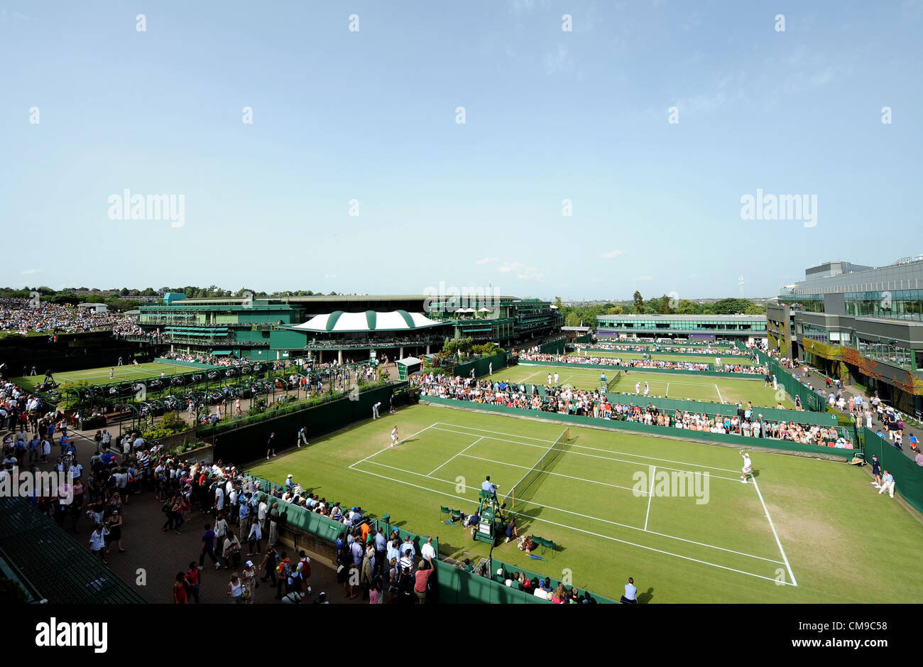Blick vom Haus des Rundfunks der WIMBLEDON CHAMPIONSHIPS 20 der ALL ENGLAND TENNIS CLUB WIMBLEDON LONDON ENGLAND 28. Juni 2012 Stockfoto