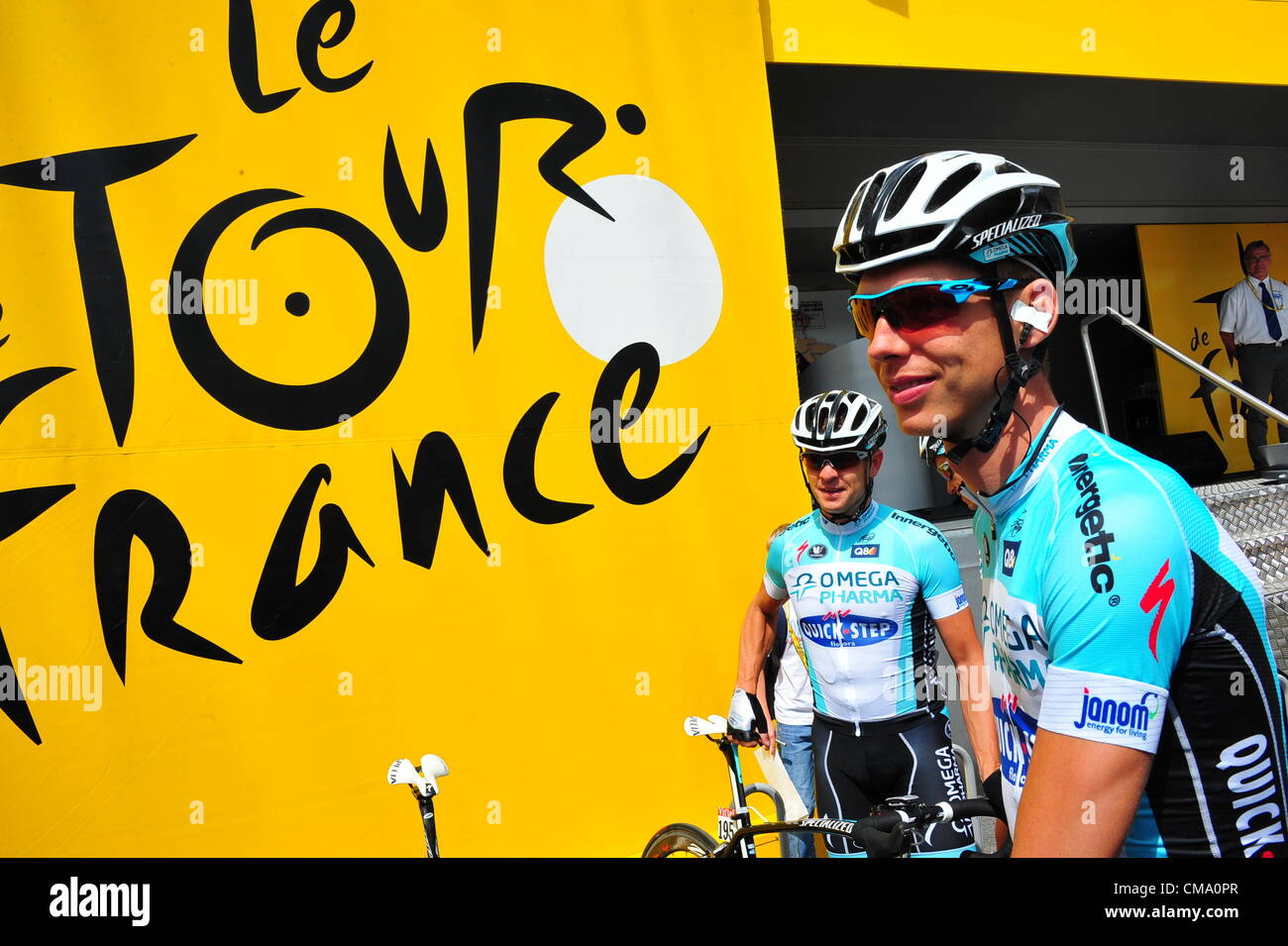 01.07.2012. Tour de France, Liega, Seraing. Stufe 1.  Omega Pharma - Quick Step 2012 Martin Tony, Grabsch Bert, Liegi Stockfoto