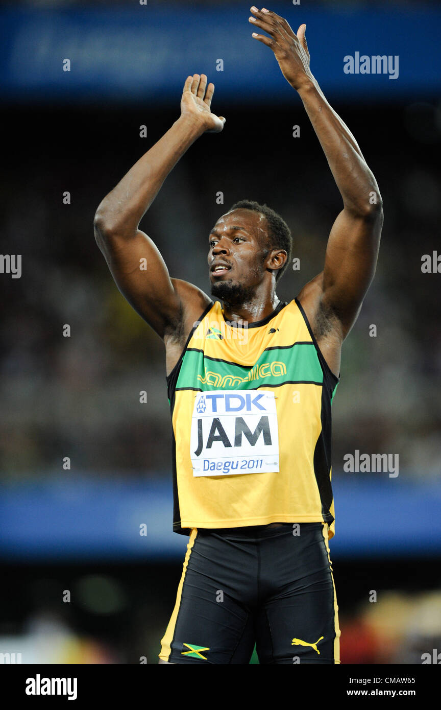 Usain Bolt (JAM), 4. September 2011 - Leichtathletik: Die 13. IAAF Leichtathletik WM - Daegu 2011 Männer 4x100m Staffel Medaillenvergabe im Daegu Stadium in Daegu, Südkorea. (Foto von Takashi Okui/AFLO) Stockfoto