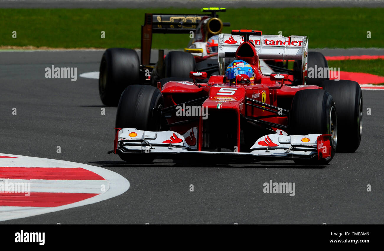 08.07.2012 Towcester, England. Fernando Alonso Spanien und Scuderia Ferrari in Aktion während des Rennens beim britischen Grand Prix Santander, Runde 9 der 2012 FIA Formel 1 Weltmeisterschaft in Silverstone. Stockfoto