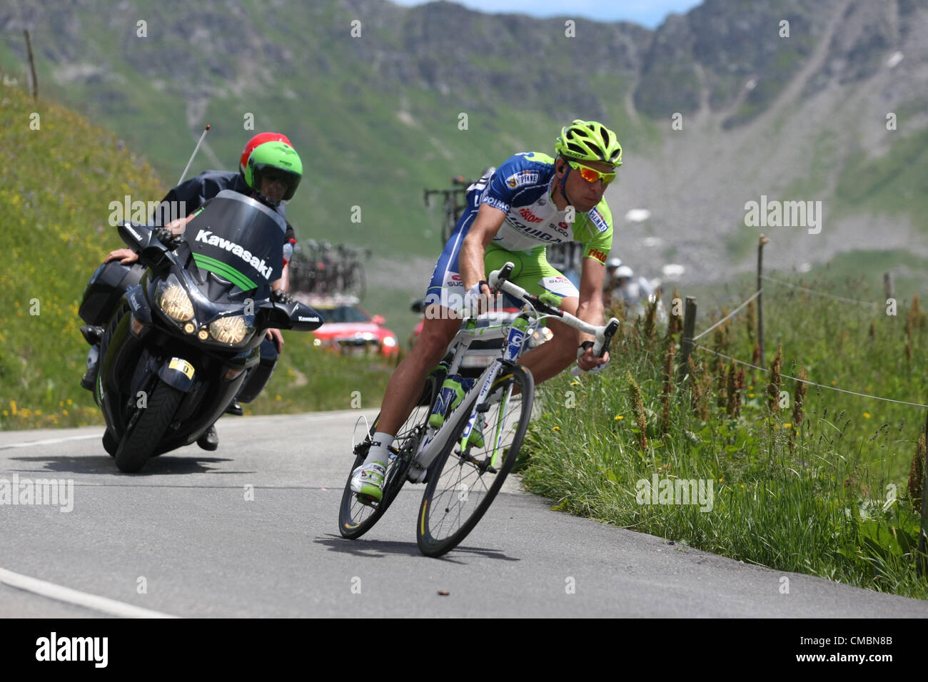 11.07.2011-tour De France Etappe 11 Albertville - La Toussuire. Vincenzo Nibali (ITA) Liquigas in Aktion in der Abfahrt des Col De La Madeleine. Stockfoto