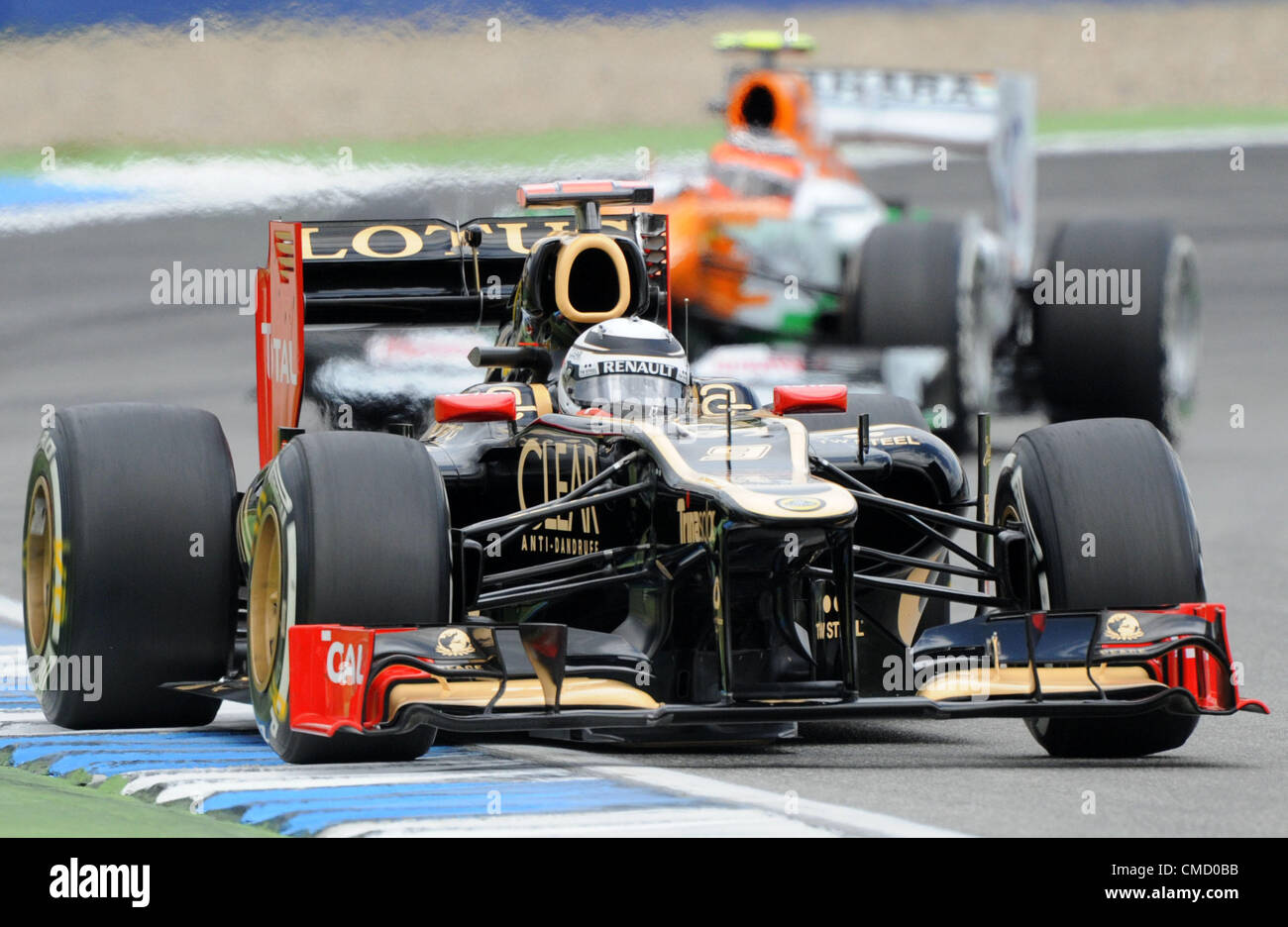 21.07.2012. Hoceknheim, Deutschland.  Finnischer Formel1-Fahrer Kimi Räikkönen von Lotus steuert sein Auto während der Qualifikation an der Rennstrecke Hockenheimring in Hockenheim, Deutschland, 21. Juli 2012. Schumacher beginnt von der dritten Position in der Formel 1 Grand Prix von Deutschland am 22. Juli 2012. Stockfoto