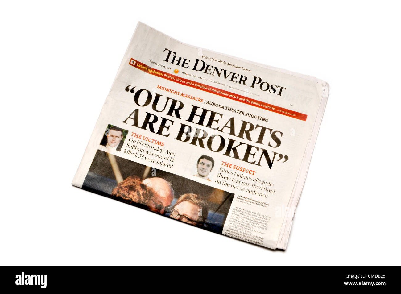 Überschrift der Denver Post Zeitung, Denver, Colorado, unmittelbar nach der Erschießung von über 70 Personen im Aurora, Stockfoto