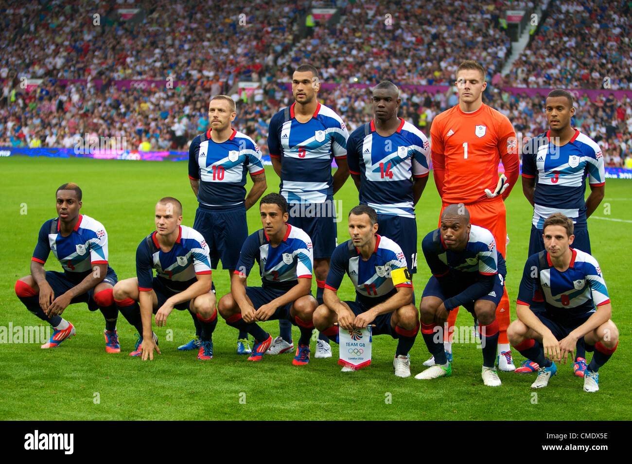 26.07.2012 Manchester, England. GB-Mannschaft vor dem ersten Runde Gruppe A Mens Match zwischen Team GB und dem Senegal. Stockfoto