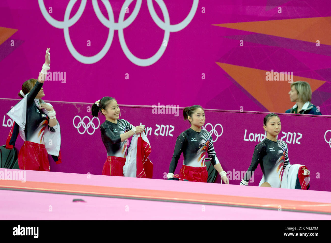 (L-R) Rie Tanaka, Yu Minobe, Koko Tsurumi, Asuka Teramoto (JPN), 29. Juli 2012 - Kunstturnen: Frauen Qualifikation in North Greenwich Arena während der London 2012 Olympischen Spiele in London, Vereinigtes Königreich.   (Foto von Enrico Calderoni/AFLO SPORT) Stockfoto