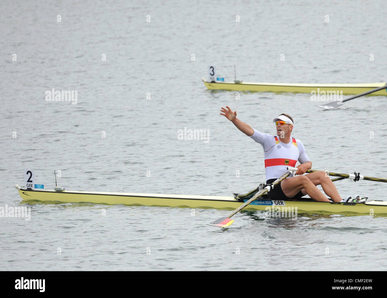 01.08.2012. Windsor, England. Deutschlands Marcel Hacker tritt während der Men einzelne Sculls Semi Final des Rowing-Wettbewerbs am Eton Dorney bei den Olympischen Spielen 2012 in London. Stockfoto