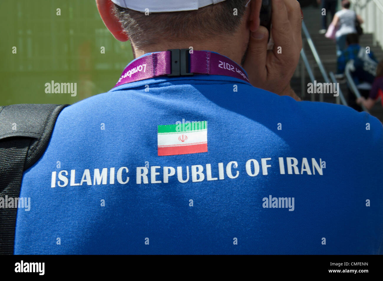 2. August 2012. London, Close up eine Uniform getragen von einem Konkurrenten der islamischen Republik des Iran Olympiamannschaft im Wettbewerb bei den Olympischen Spielen 2012 in London Stockfoto