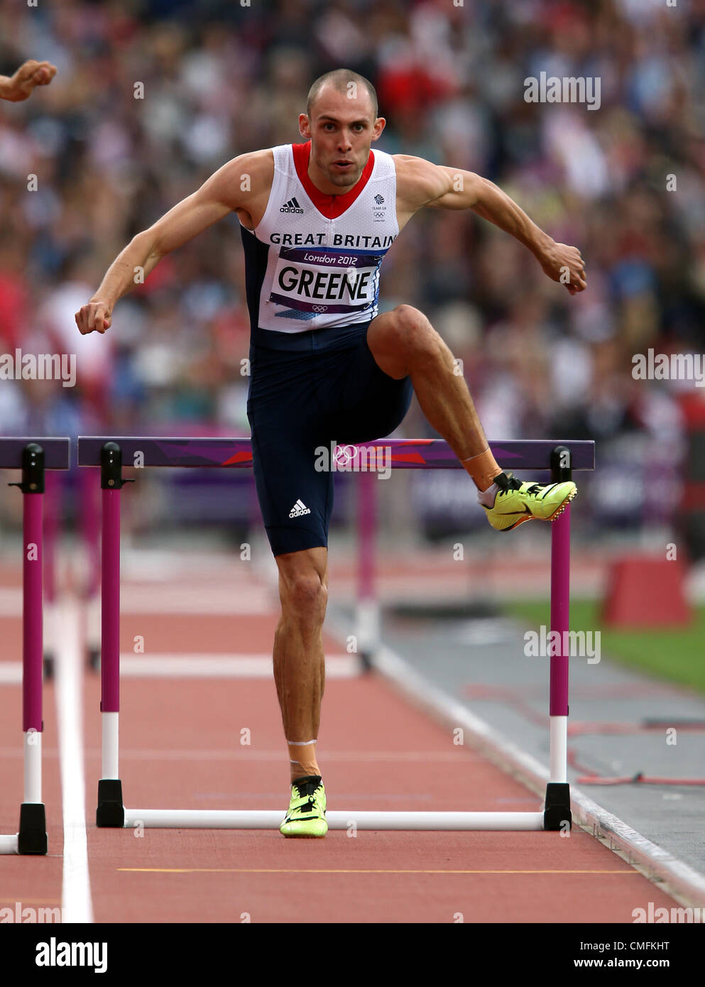 DAI GREENE Großbritannien LONDON 2012 Olympische Spiele, MENS 400M Hürden STRATFORD, LONDON, ENGLAND 3. August 2012 DIC8293 Stockfoto