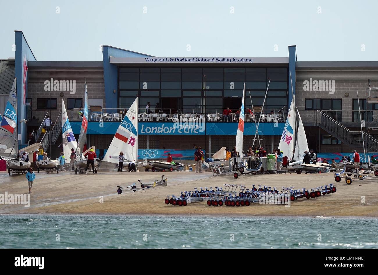 Olympisches Segeln, Aktion während der London 2012 Olympische Spiele bei Weymouth & Portland Veranstaltungsort, Dorset, England, UK.  Die Akademie-3. August 2012-Bild: DORSET MEDIENDIENST Stockfoto