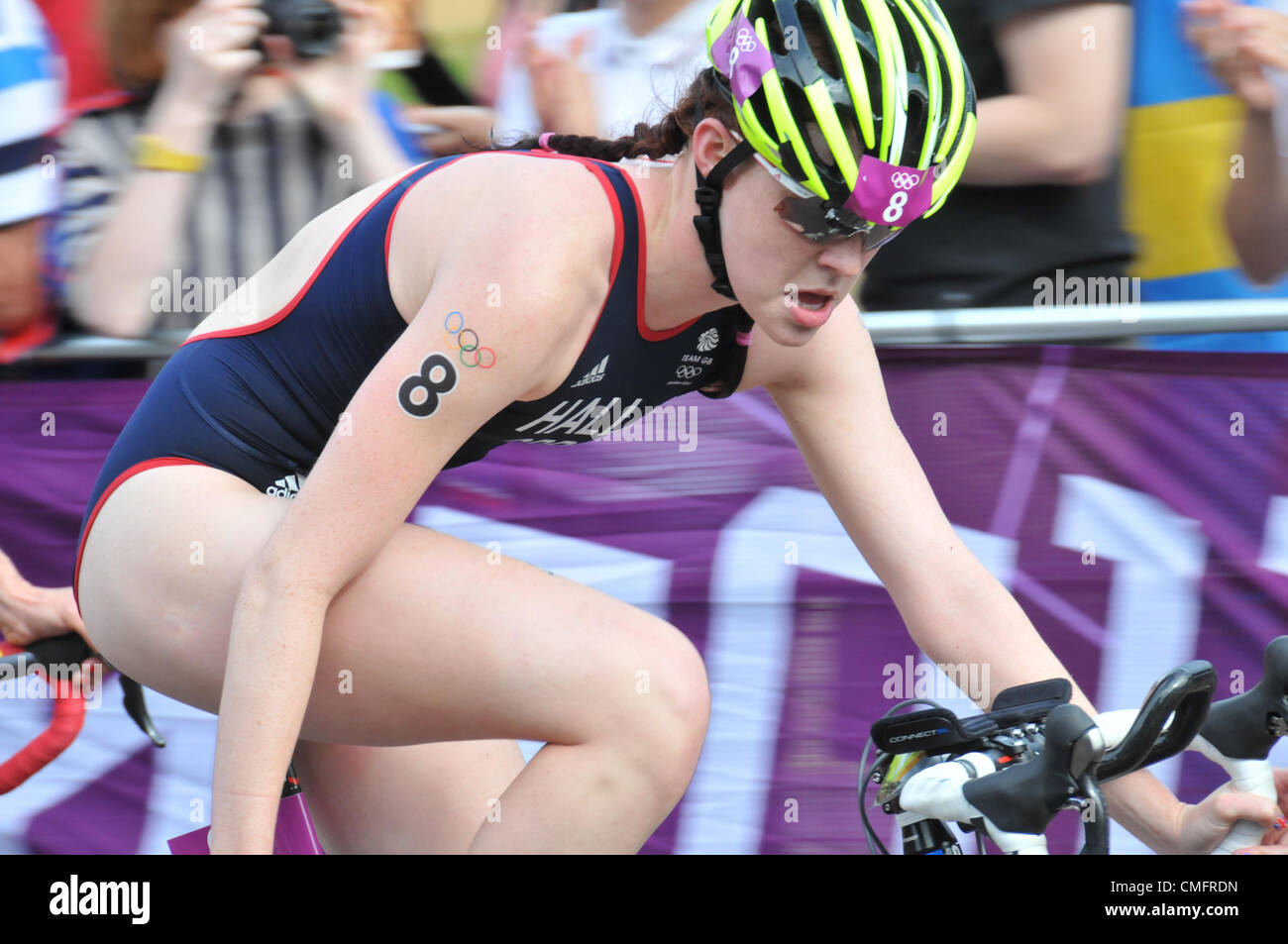 Hyde Park, London, UK. 4. August 2012. GBS Lucy Hall in der Frauen Triathlon-Team. Die Wettbewerber Zyklus zurecht Hyde Park. Stockfoto