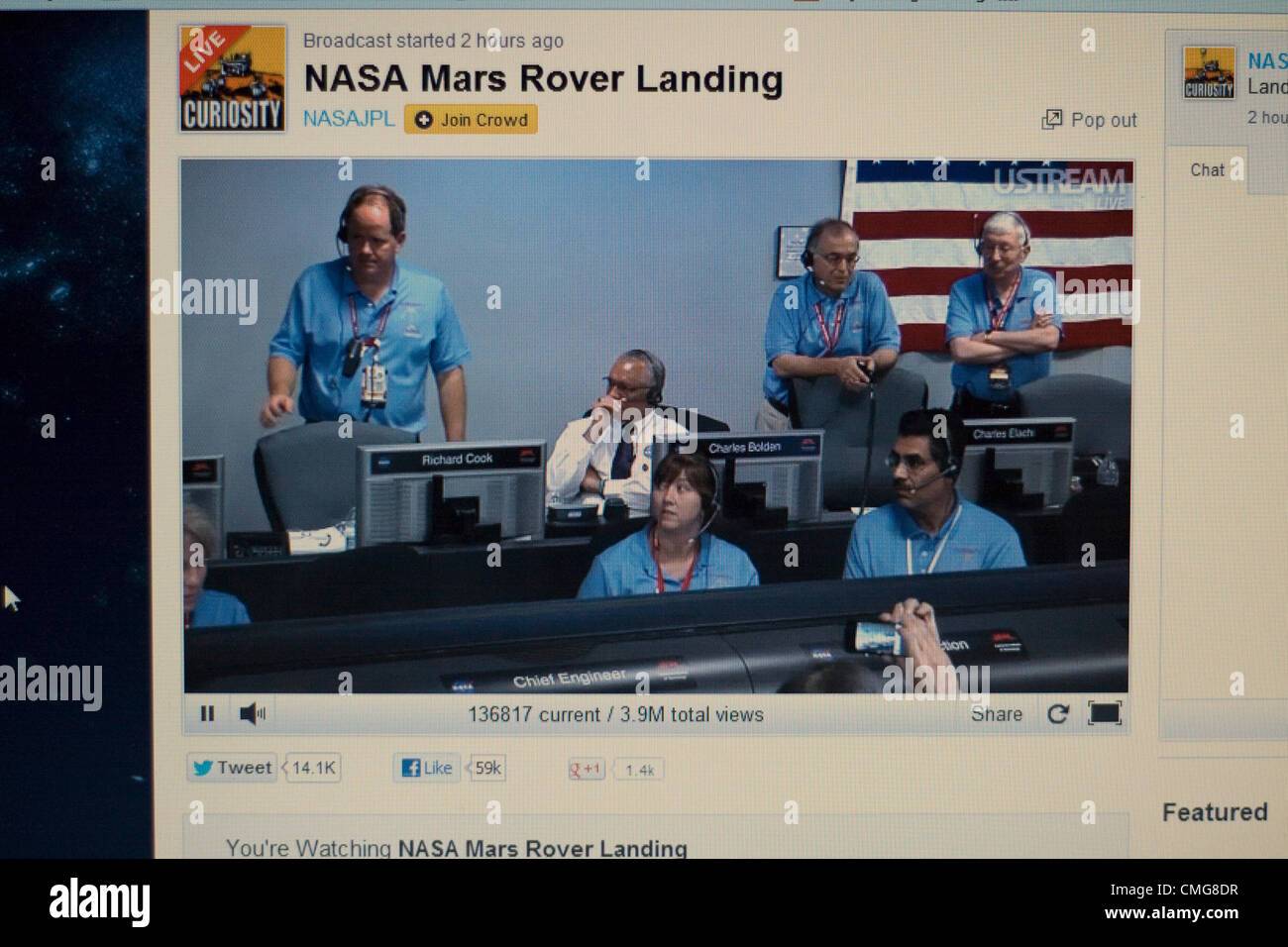 6. August 2012. USA. Live-Stream der NASA Mars Rover Landung. Ein Computer-Bildschirm Blick auf in der Leitwarte des Jet Propulsion Laboratory am California Institute of Technology in Pasadena, Kalifornien. Stockfoto