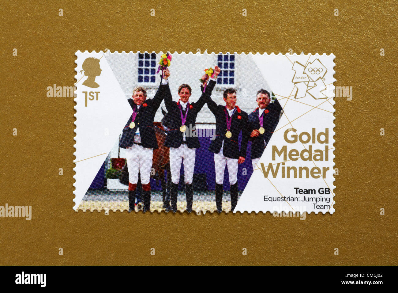 UK Dienstag, 7. August 2012. Nick Skelton, Ben Maher, Scott Brash und Pete Charles Ehre Goldmedaille Sieger Team GB Reitsport Springen Team-Event - Stempel. Stempel gekauft und steckte auf Gold Olympische Unterstützer zukommen. Bildnachweis: Carolyn Jenkins / Alamy Live News Stockfoto