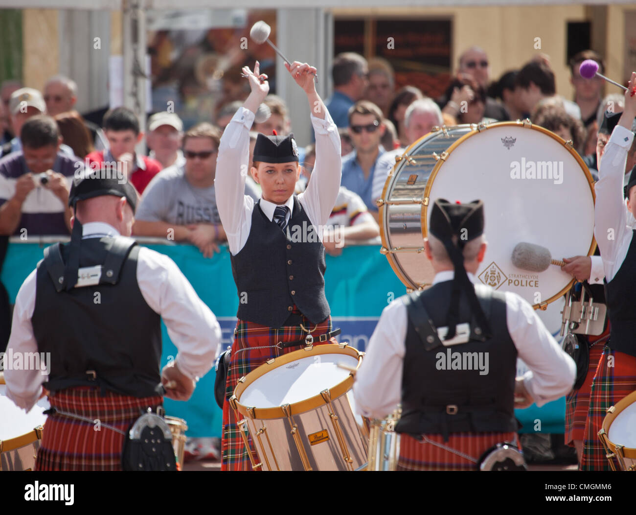 Trommler aus Strathclyde Police Pipe Band als Teil der Piping Live!, Glsasgow International Festival, am 7. August 2012 Piping. Stockfoto