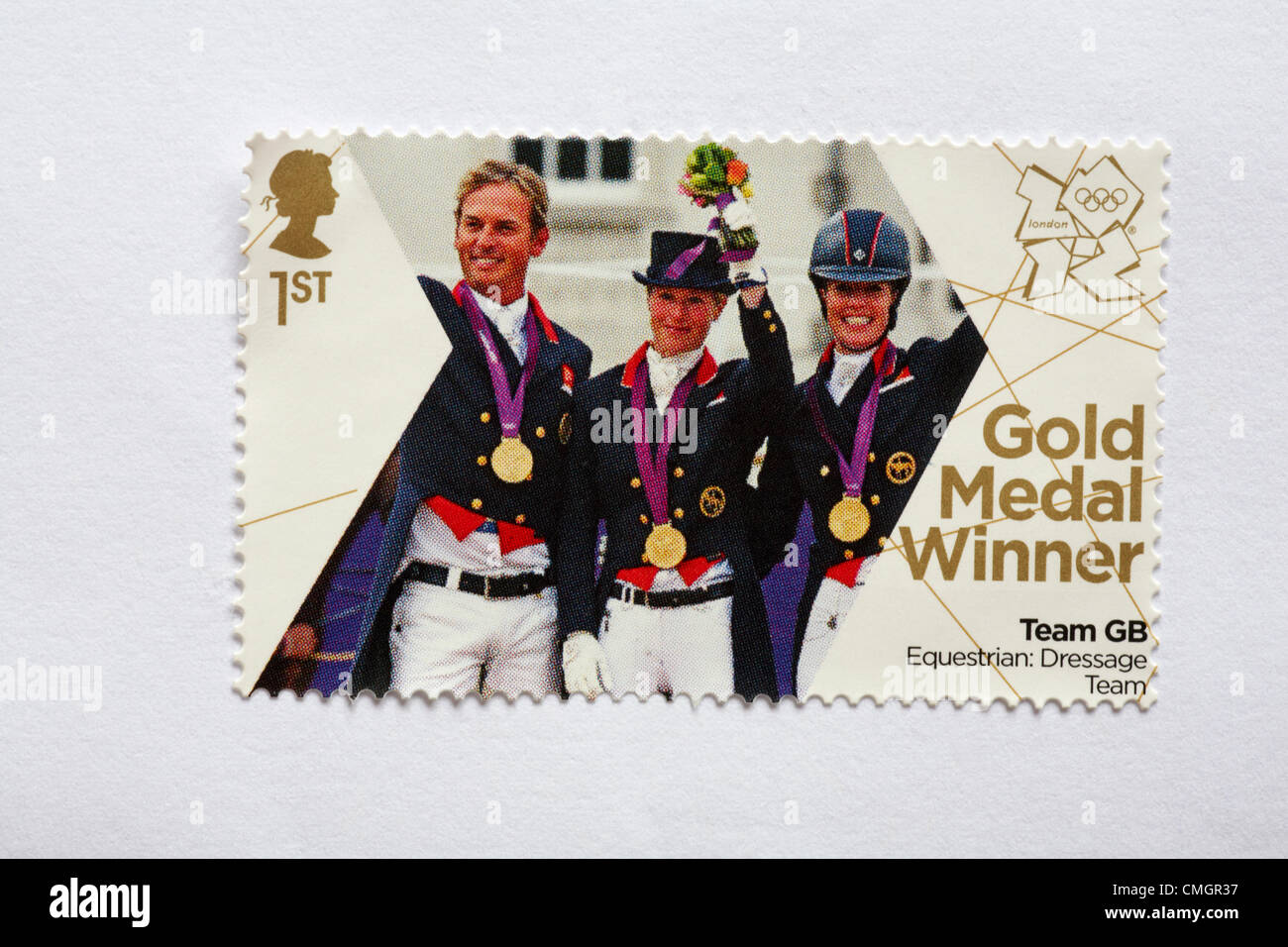 UK Mittwoch, 8. August 2012. Laura Bechtolsheimer, Charlotte Dujardin und Carl Hester Ehre Goldmedaillen-Gewinner Team GB im Pferdesport Dressur-Team-Event - Stempel. Stempel gekauft und auf weißen Olympischen Unterstützer zukommen fest. Bildnachweis: Carolyn Jenkins / Alamy Live News Stockfoto