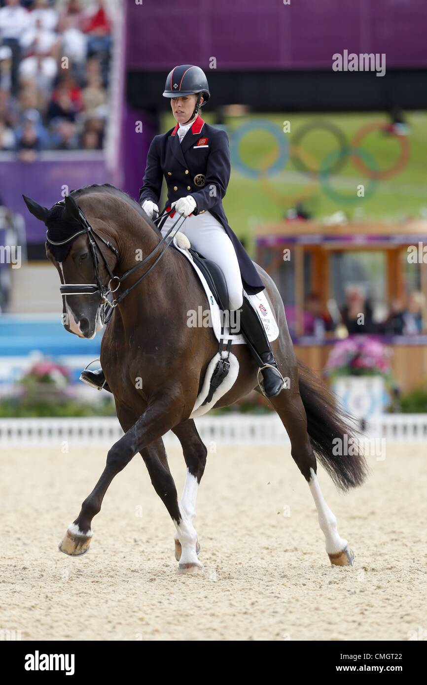 7. August 2012. 07.08.2012. Olympische Spiele London Greenwich Park Dressur Team Charlotte Dujardin GBR und die Olympischen Spiele in London Stockfoto