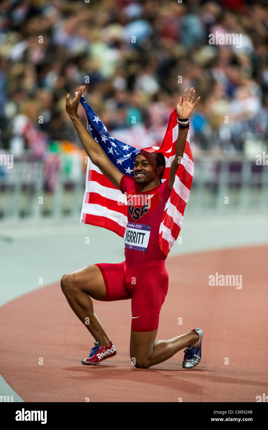 Aries Merritt (USA) feiert die Goldmedaille bei den Olympischen Sommerspielen 2012 in London, 8. August 2012. Stockfoto