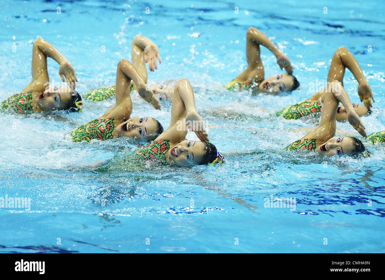 10. August 2012. 10.08.2012. London, ENGLAND; Japan nimmt an der Frauen Teams synchron schwimmen frei Routine Finale am 14. Tag des London 2012 Olympische Spiele im Aquatics Centre. Stockfoto