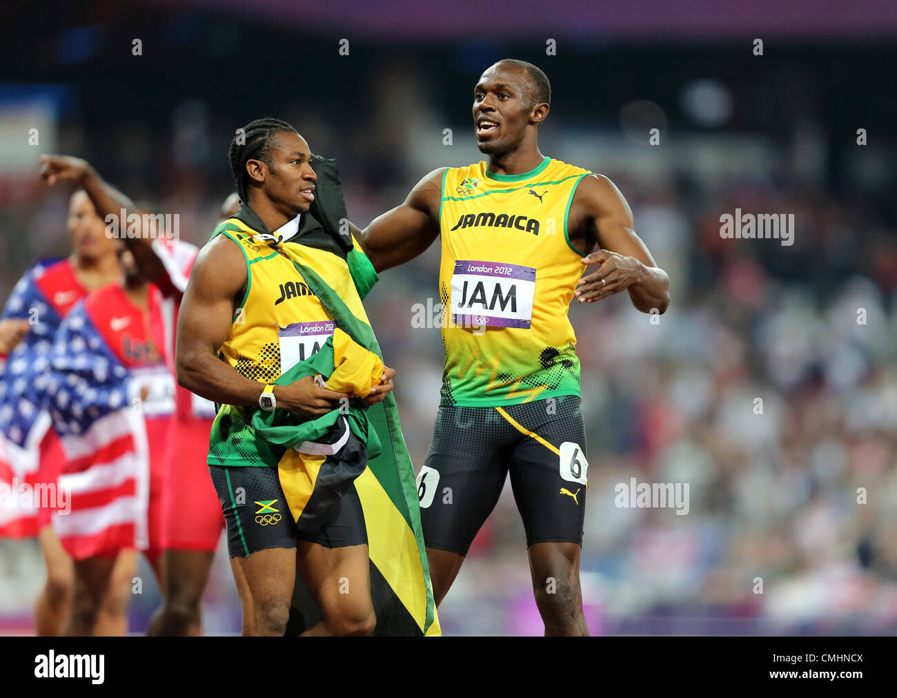 YOHAN BLAKE & USAIN BOLT Jamaika LONDON 2012 Olympische Spiele, MENS 4X100M FINALL STRATFORD, LONDON, ENGLAND 11. August 2012 DIC9321 Stockfoto