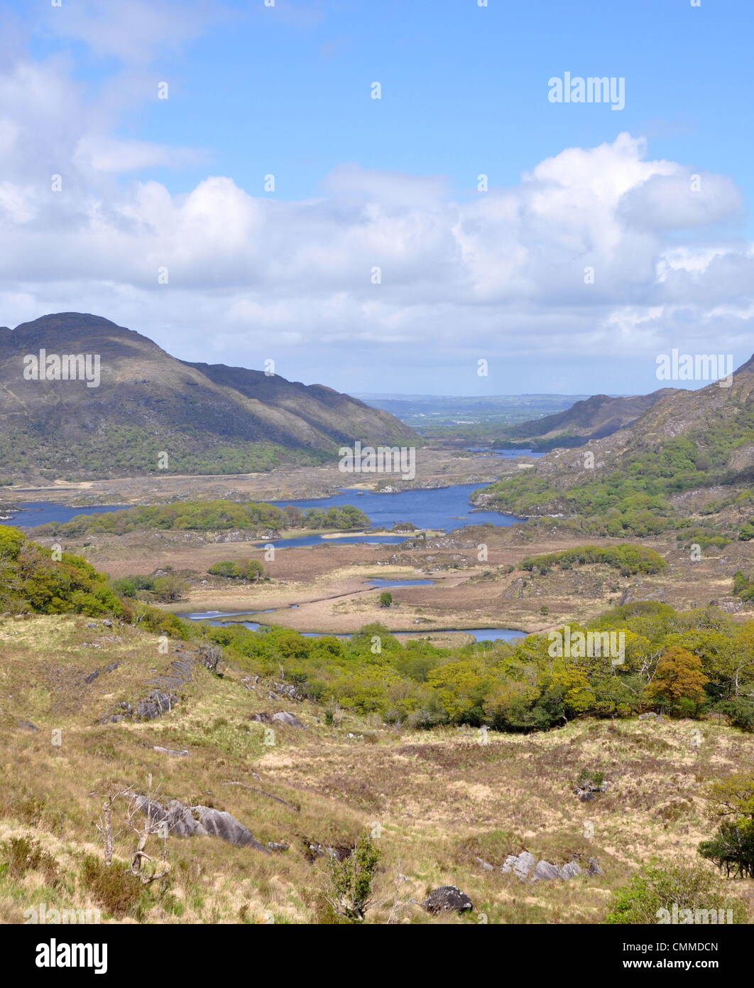 Ladies View befindet sich zwischen Kenmare und Killarney auf dem Ring of Kerry und im Herzen des Killarney National Park, Foto, aufgenommen am 27. Mai 2013. Das Panorama der drei Seen von Killarney und die Berge auf beiden Seiten wurde von Königin Victorias Hofdamen, viel bewundert, wenn sie hier während des königlichen Besuchs im Jahre 1861, daher der Name Ladies View übernachtet. Im Jahr 1981 wurde der Nationalpark als Biosphärenreservat von der UNESCO ernannt. Foto: Frank-Baumgart Stockfoto