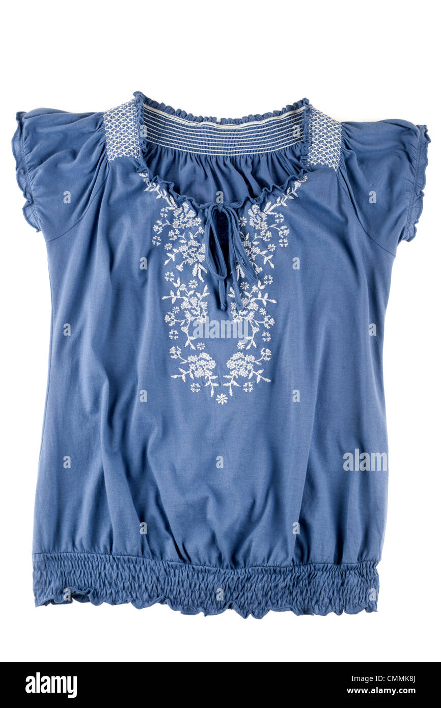 Damen blau gestickte Zigeuner Stil kurzen Ärmeln Bluse Stockfoto