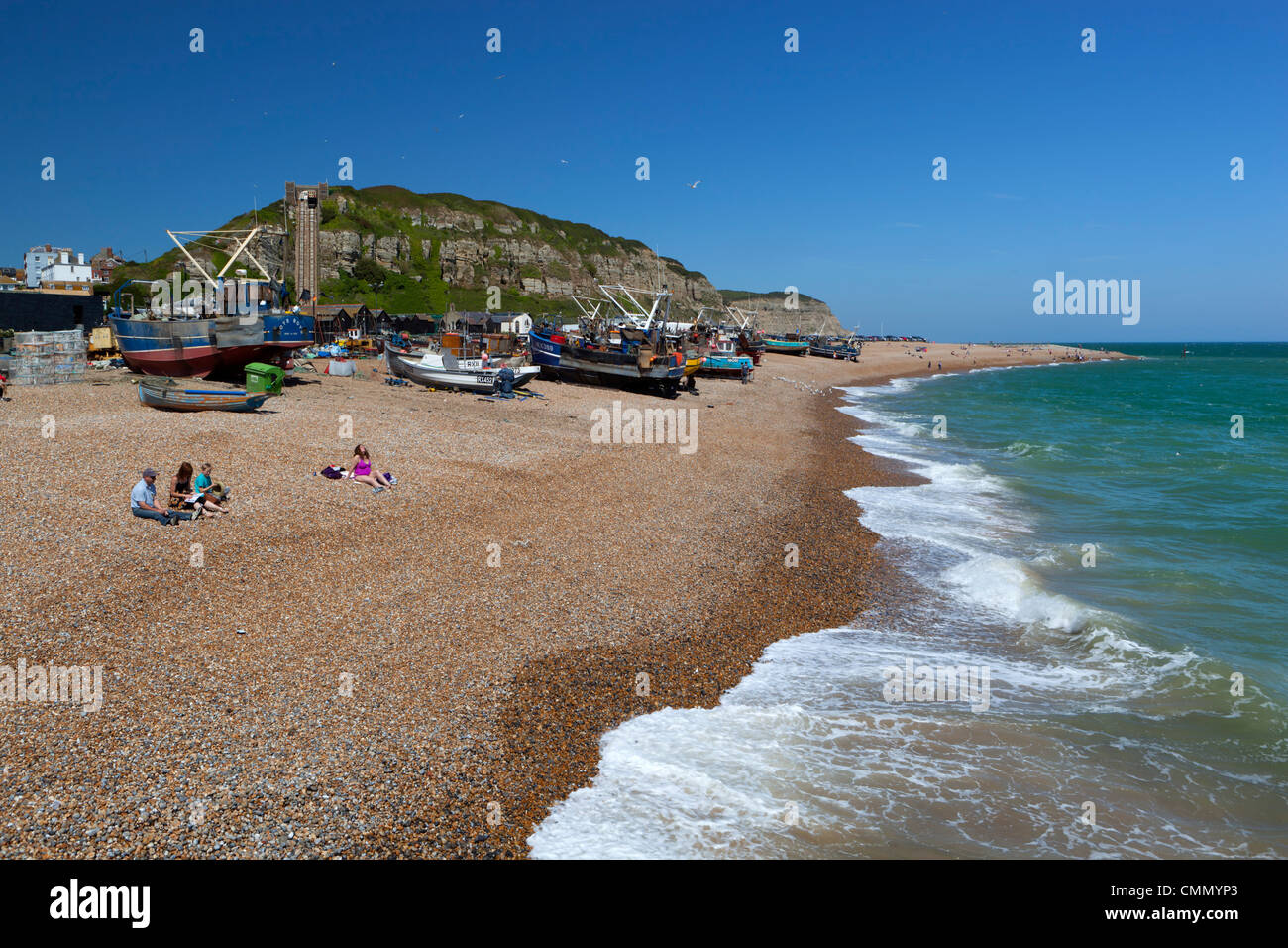 Blick über Stade und Osthügel, Hastings, East Sussex, England, Vereinigtes Königreich, Europa Stockfoto