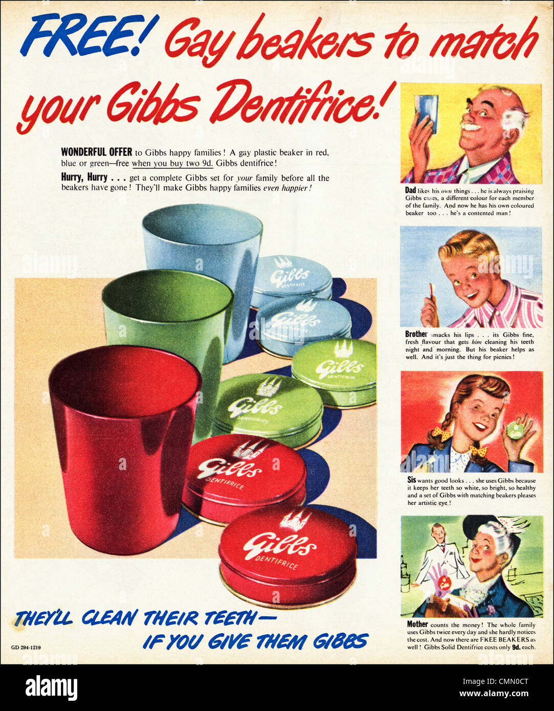 GIBBS ZAHNPUTZMITTEL Zahnpasta Werbung Original Anzeige der 1940er Jahre  Periode Werbung Stockfotografie - Alamy