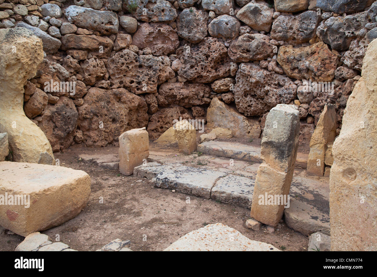 Sandstein-Detail am Tempel von Ggantija auf der Insel Gozo Stockfoto