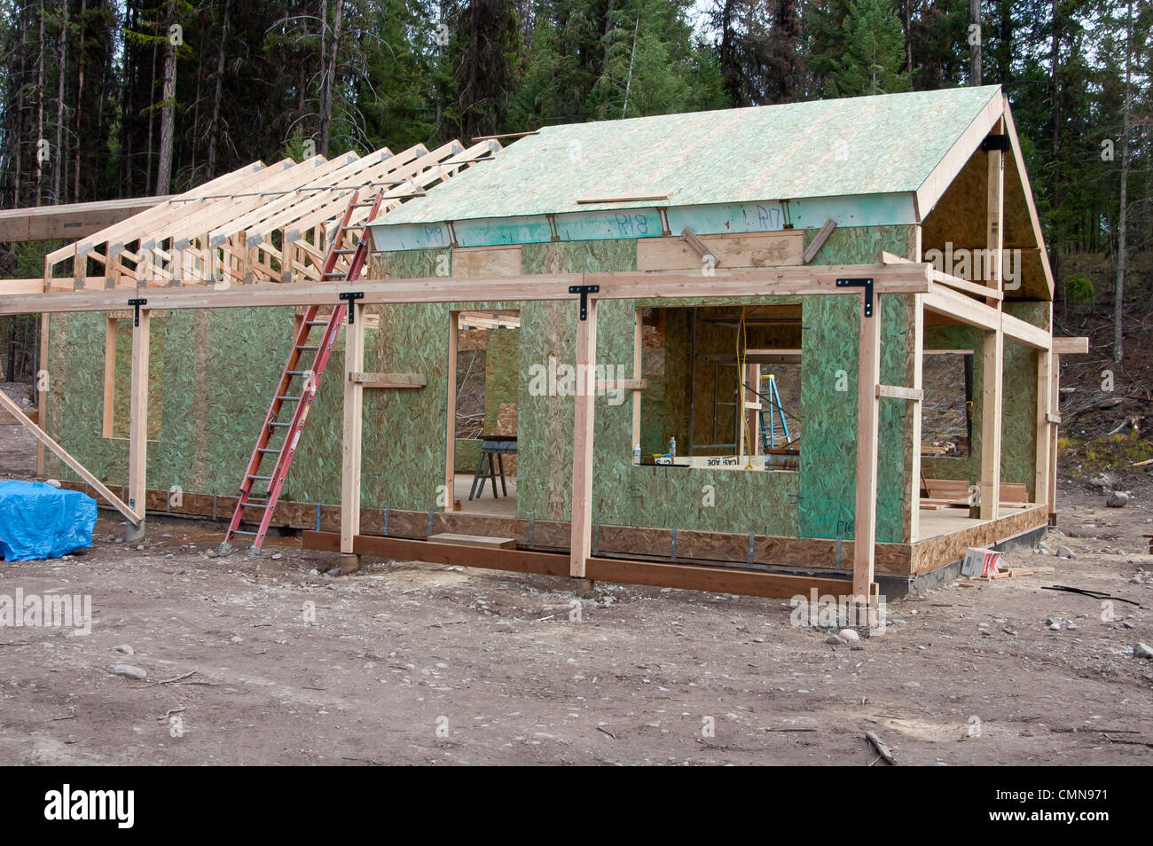 Isolierte Bauplatten (SIP) wurden für das Dach und die Seite einer Kabine verwendet. Stockfoto