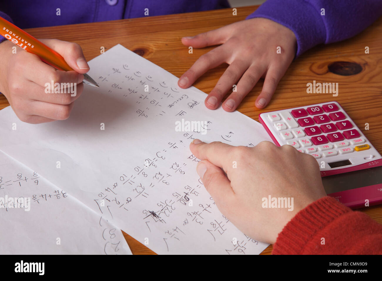 Schulmädchen mit einer Mathe Nachhilfe Stockfoto