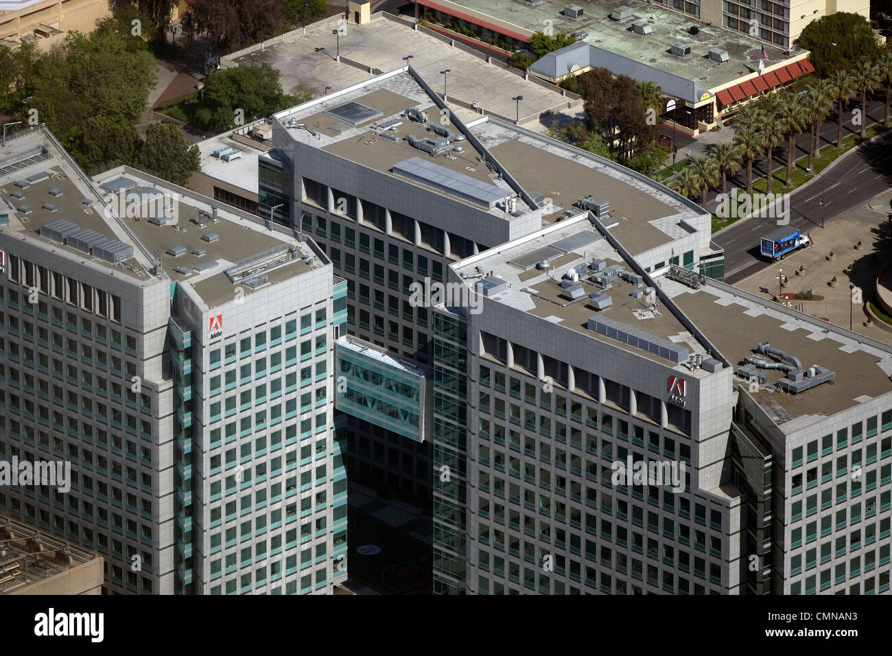 Luftaufnahme über Adobe Systems San Jose Kalifornien Unternehmenszentrale Stockfoto