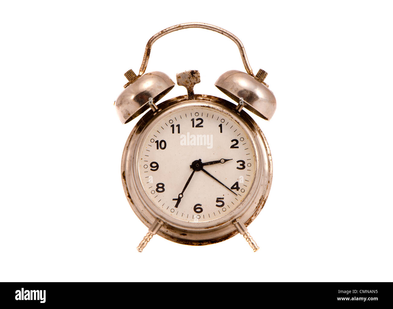 isoliert auf weißem und Grunge Vintage Metall Uhr Stockfoto