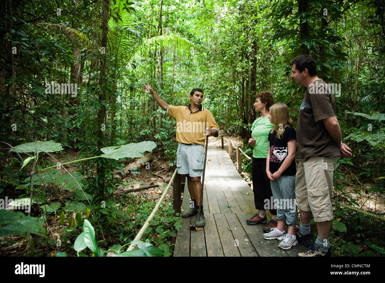 Einheimische Führer und Familie auf Tour von Regenwald im Daintree Eco Lodge &amp; Spa. Daintree, Queensland, Australien Stockfoto