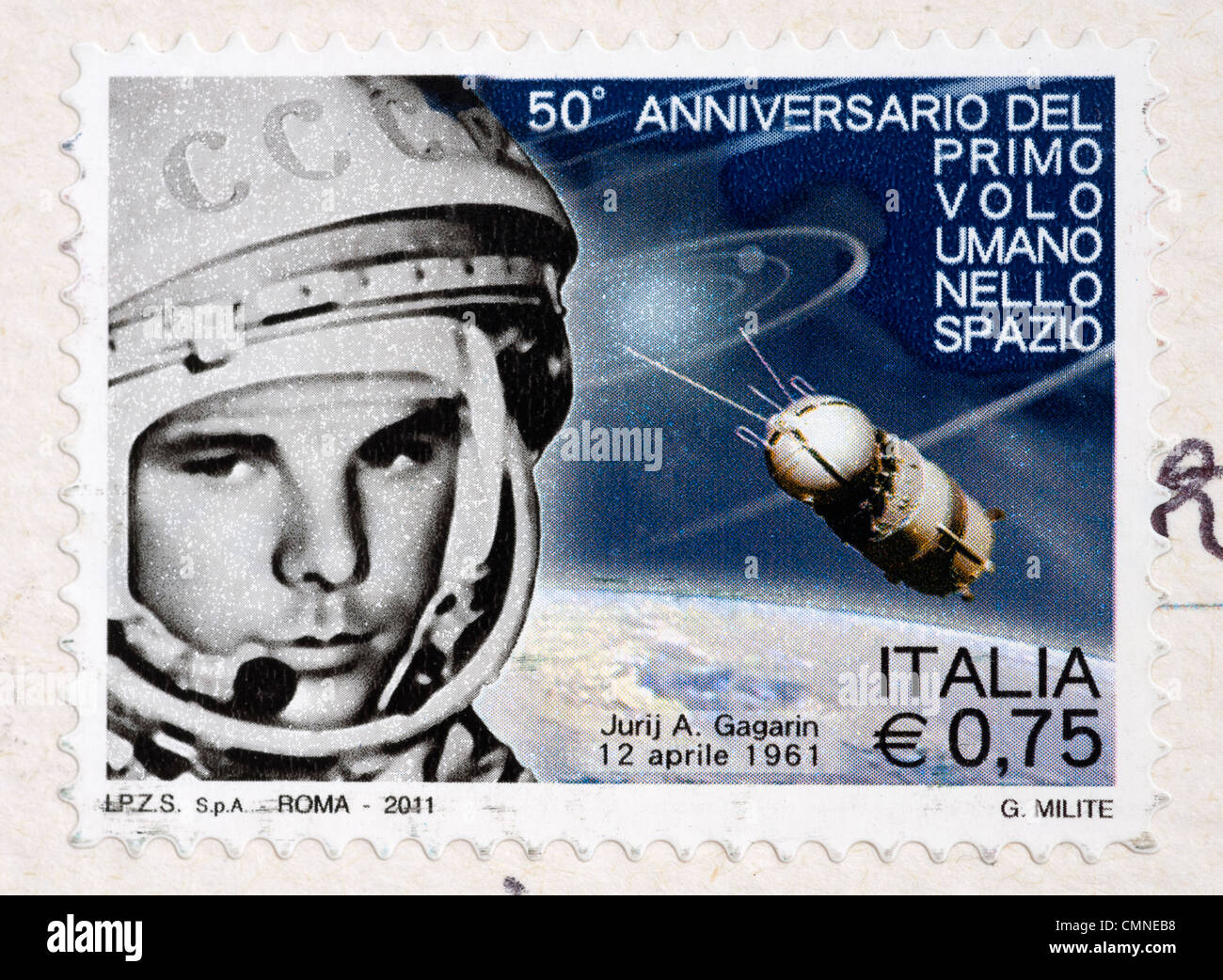 Italienische Yuri Gagarin-Gedenk-Briefmarke Stockfoto